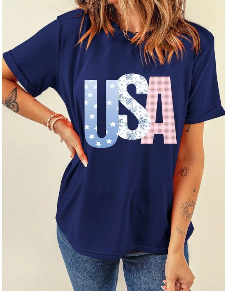 Blue USA Graphic July 4th Crew Neck T Shirt
