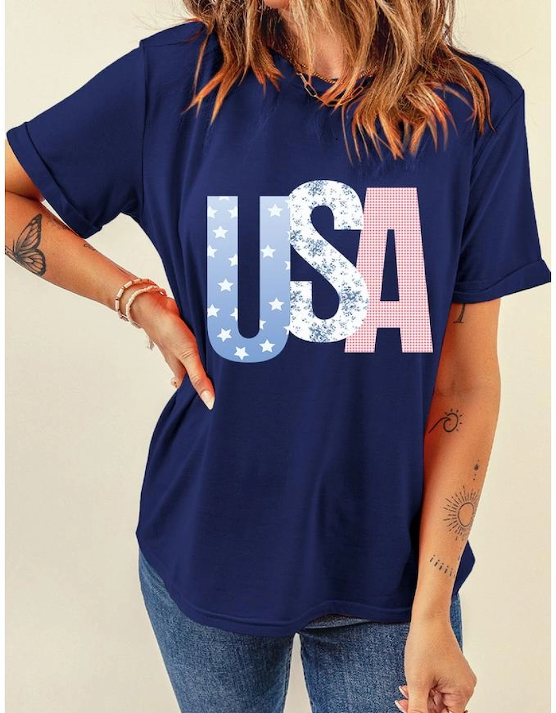 Blue USA Graphic July 4th Crew Neck T Shirt