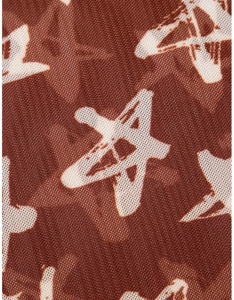 Red Mesh Star Print Mock Neck Sheath Long Sleeve Top