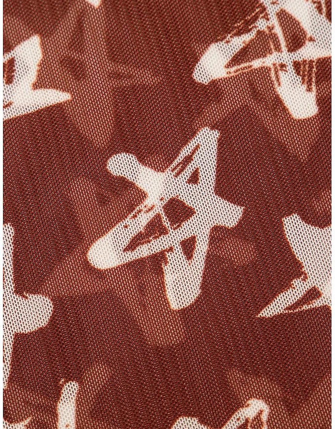 Red Mesh Star Print Mock Neck Sheath Long Sleeve Top