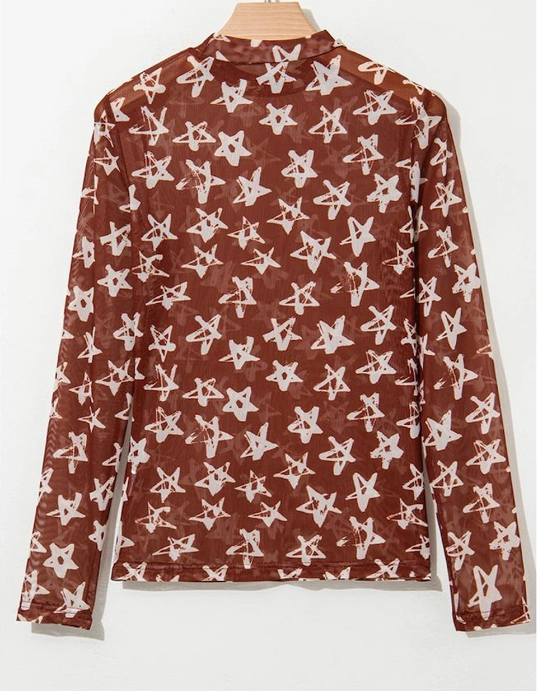 Red Mesh Star Print Mock Neck Sheath Long Sleeve Top