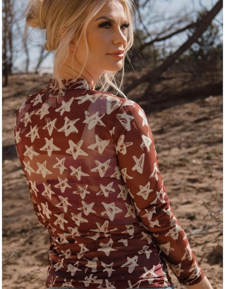 Red Mesh Star Print Mock Neck Sheath Long Sleeve Top