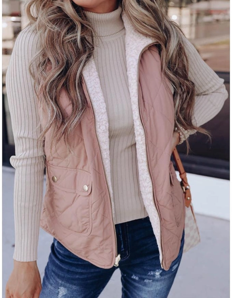 Pink Fleece Lined Quilted Vest Coats