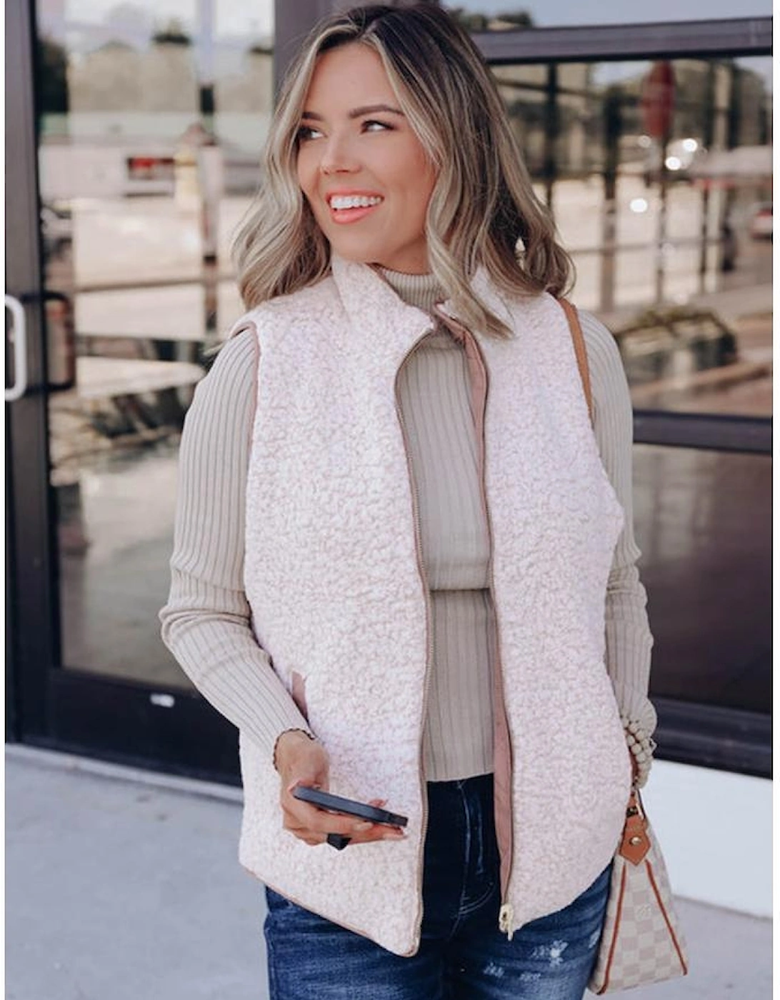 Pink Fleece Lined Quilted Vest Coats
