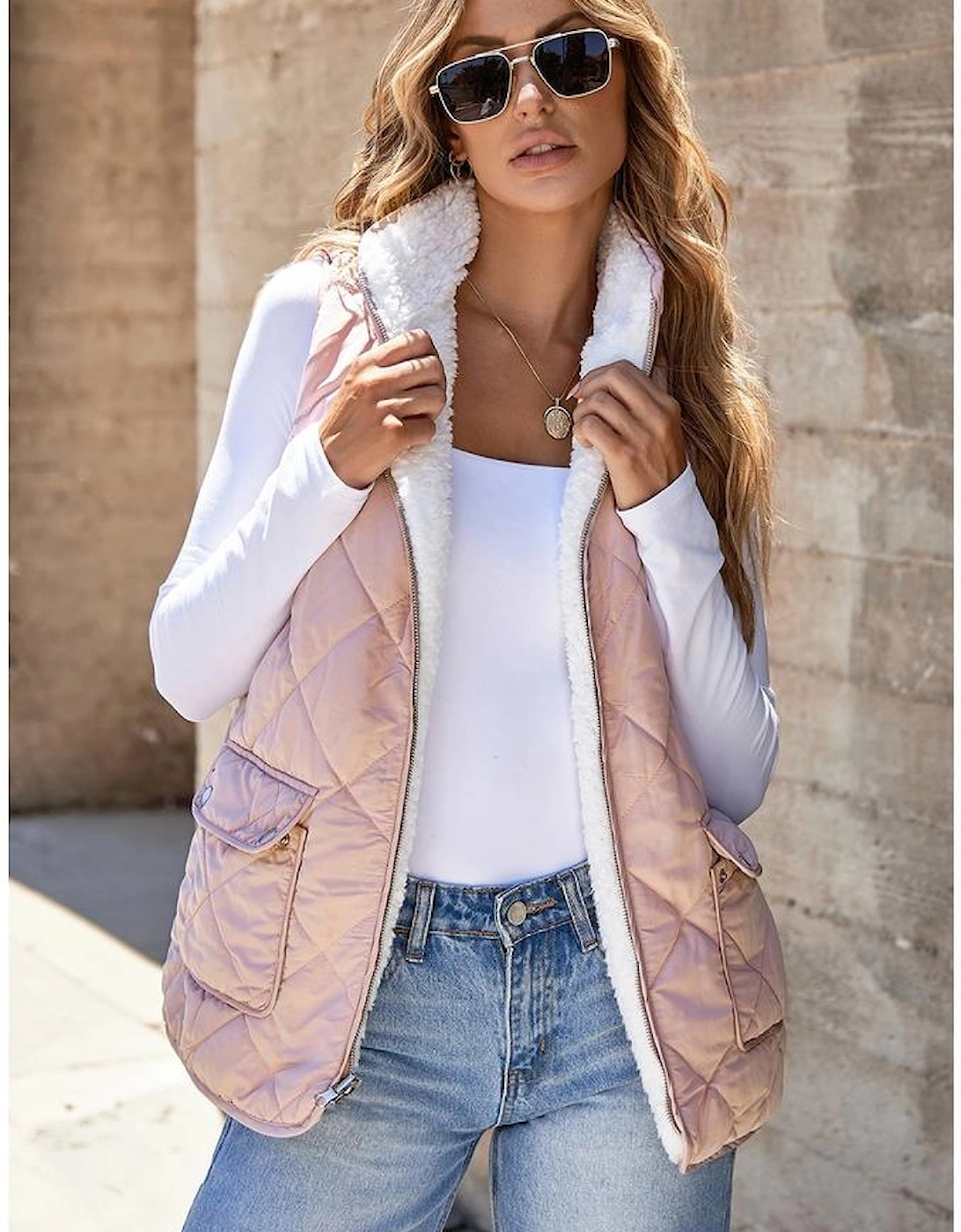 Pink Fleece Lined Quilted Vest Coats