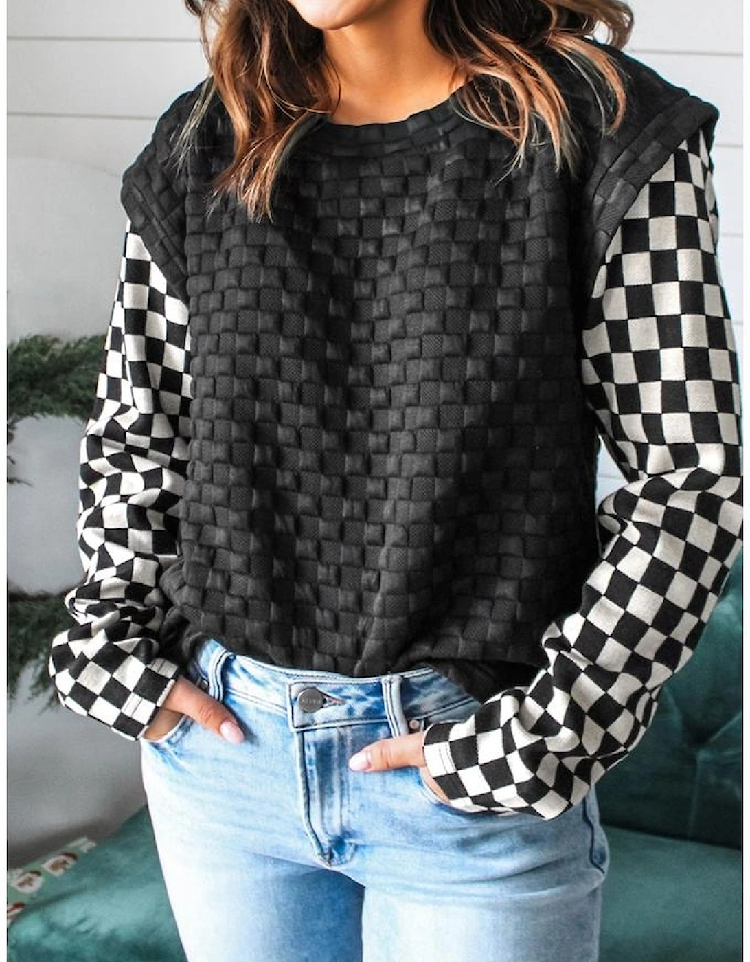 Black Plaid Textured Contrast Checkered Patchwork Long Sleeve Top