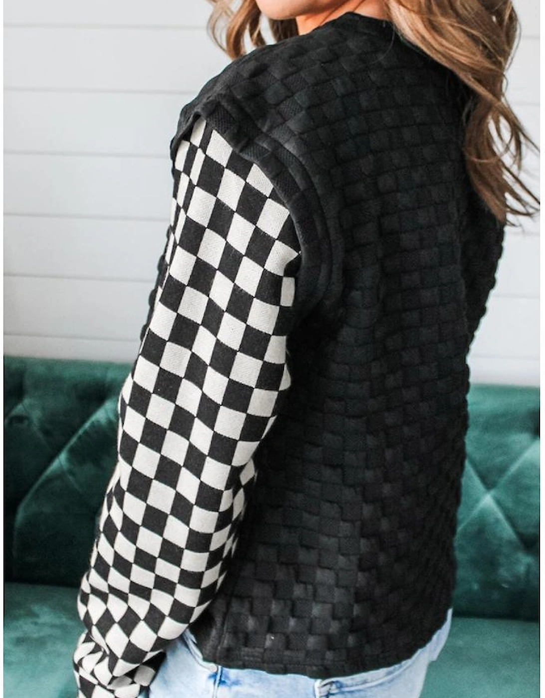 Black Plaid Textured Contrast Checkered Patchwork Long Sleeve Top, 3 of 2