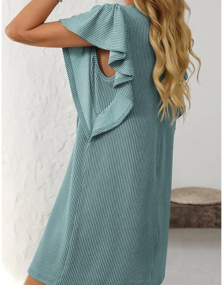 Canton Corded Ruffle Sleeve Crew Neck Shift Dress