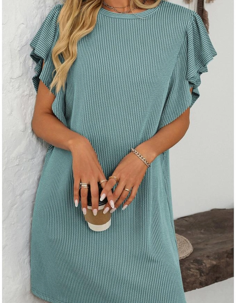 Canton Corded Ruffle Sleeve Crew Neck Shift Dress