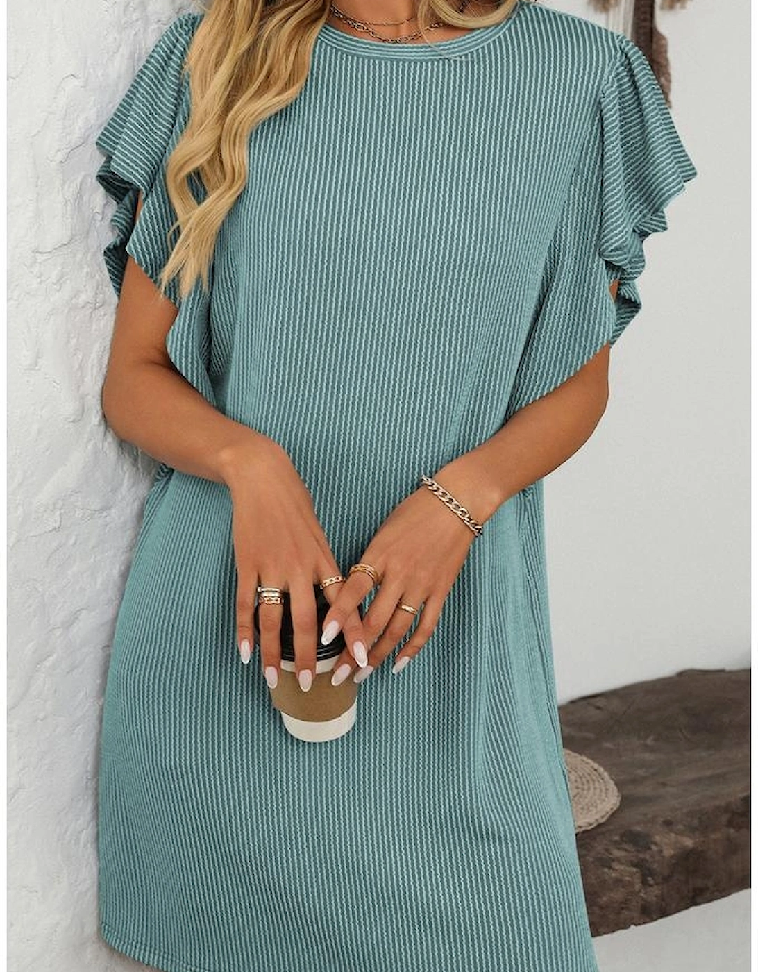 Canton Corded Ruffle Sleeve Crew Neck Shift Dress