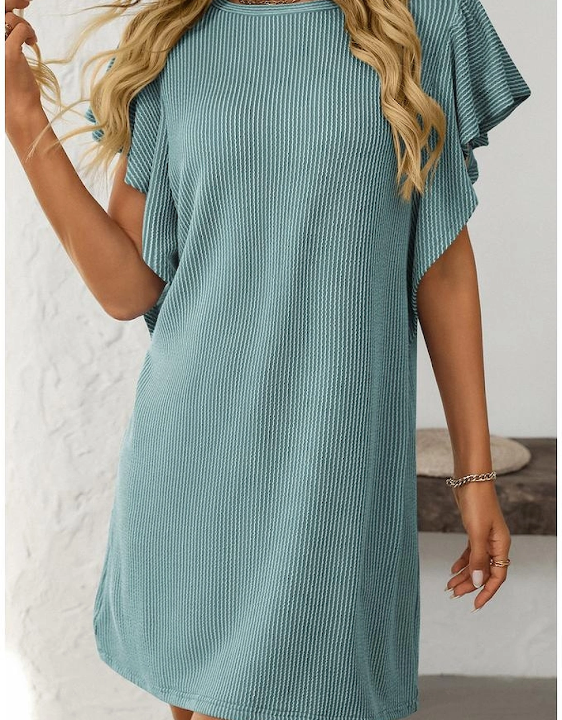 Canton Corded Ruffle Sleeve Crew Neck Shift Dress