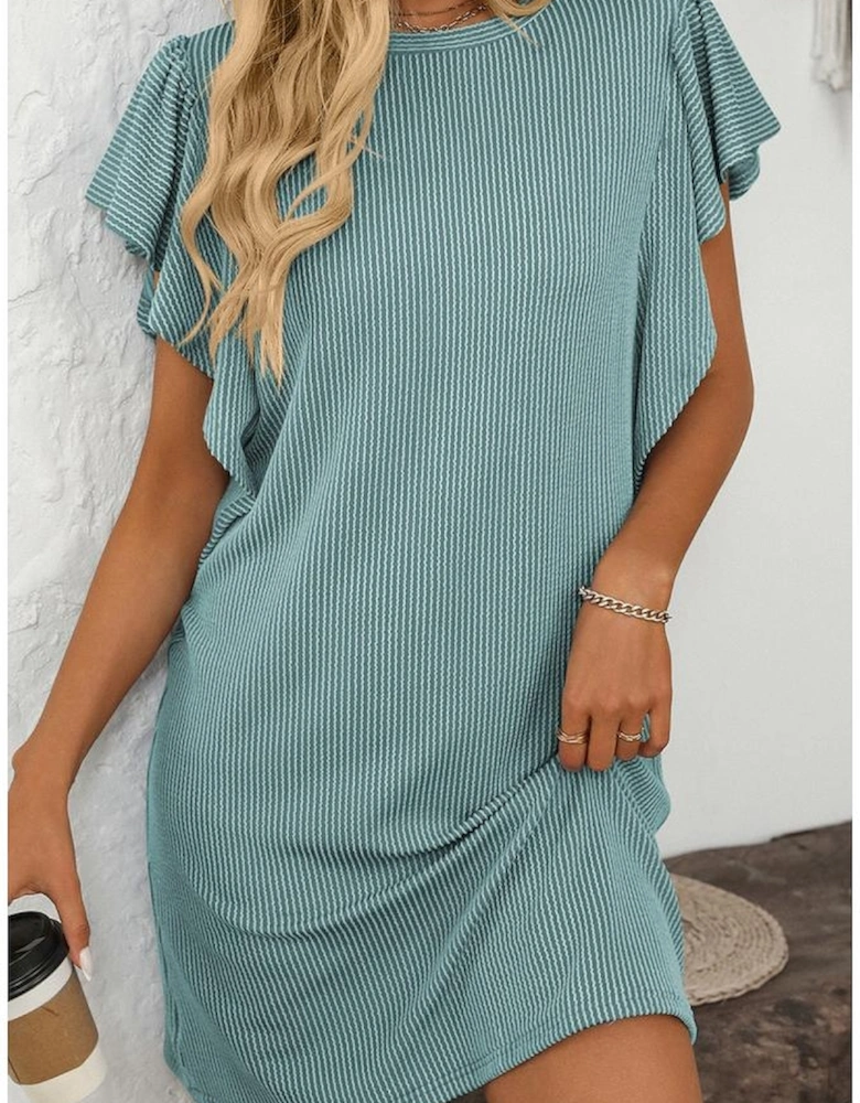 Canton Corded Ruffle Sleeve Crew Neck Shift Dress