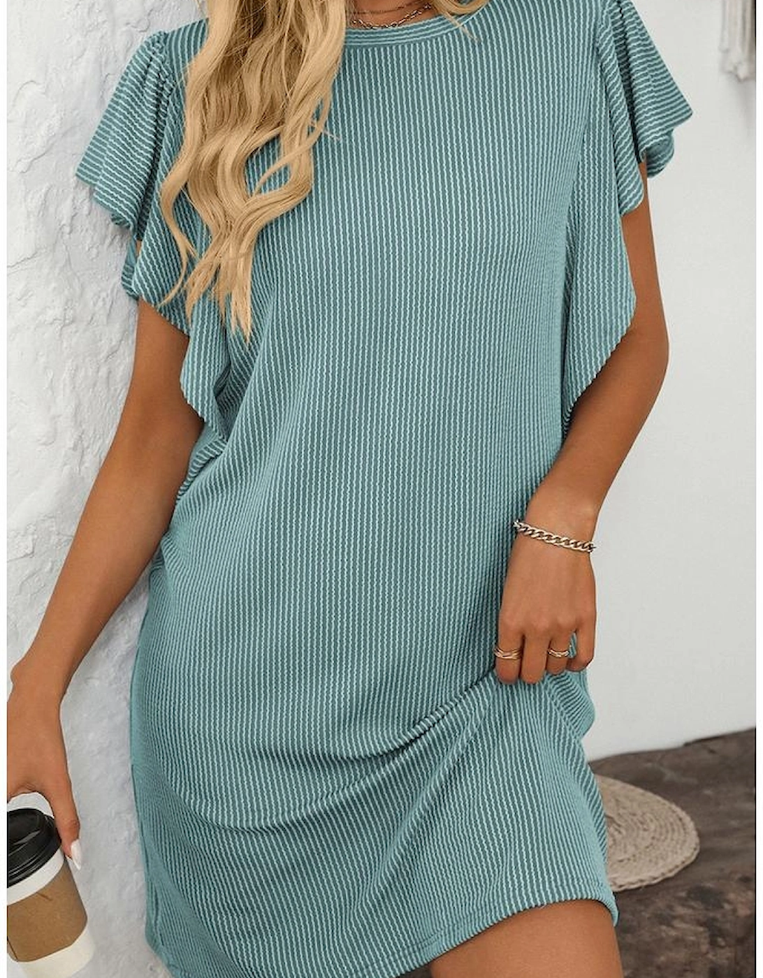 Canton Corded Ruffle Sleeve Crew Neck Shift Dress