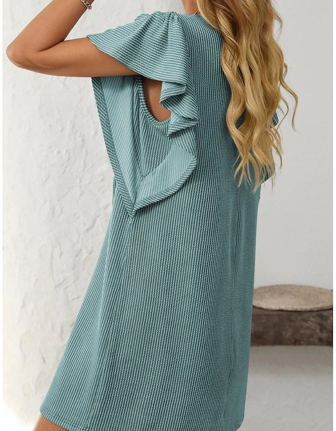 Canton Corded Ruffle Sleeve Crew Neck Shift Dress