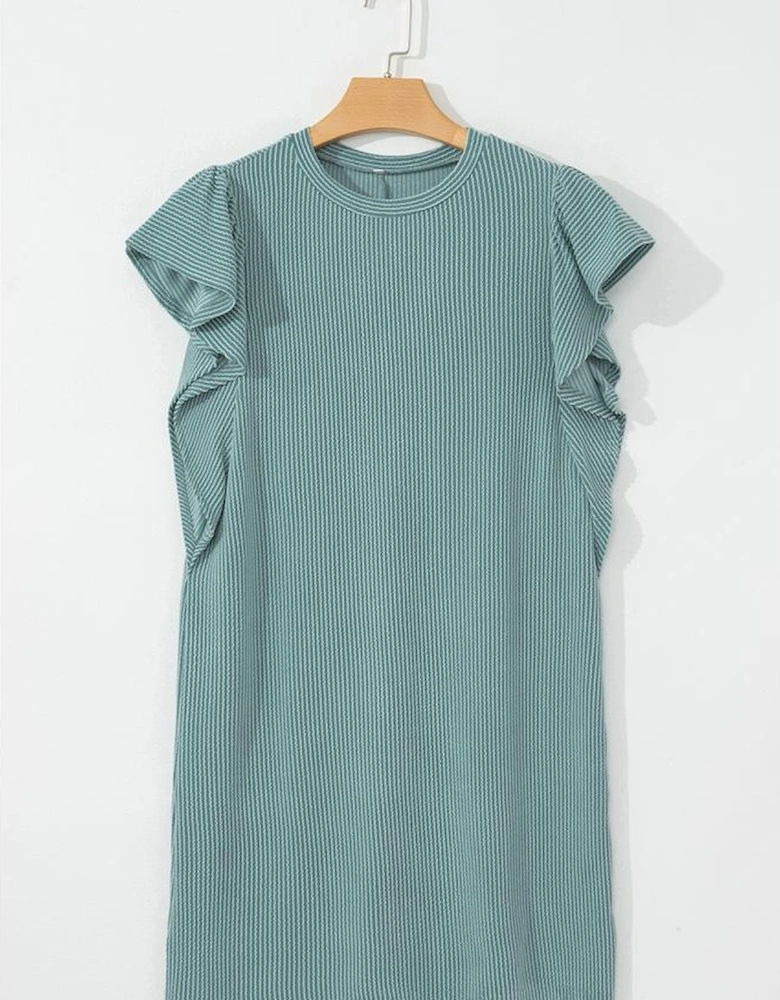 Canton Corded Ruffle Sleeve Crew Neck Shift Dress