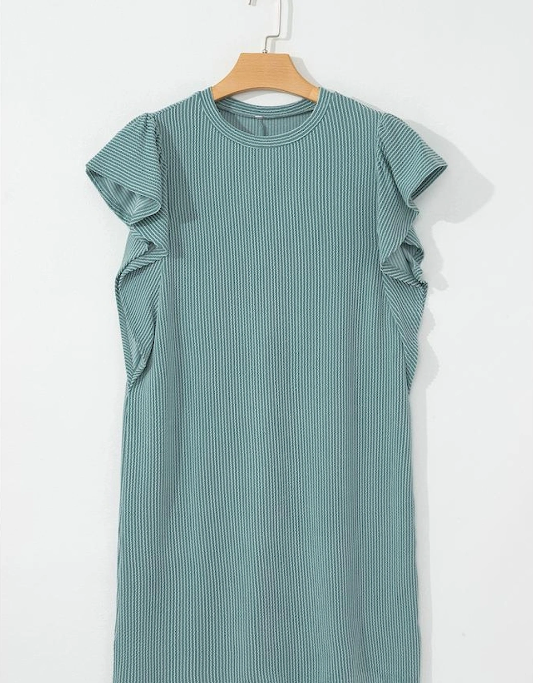 Canton Corded Ruffle Sleeve Crew Neck Shift Dress