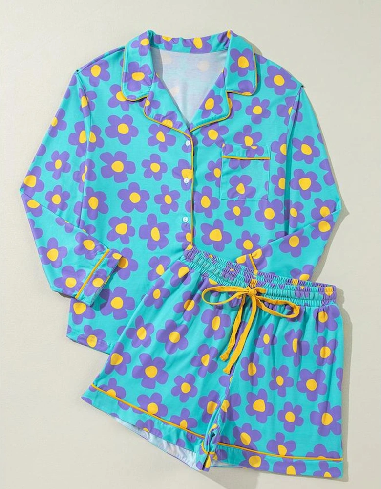 Green Flower Print Long Sleeve Shirt Shorts Pajamas Set