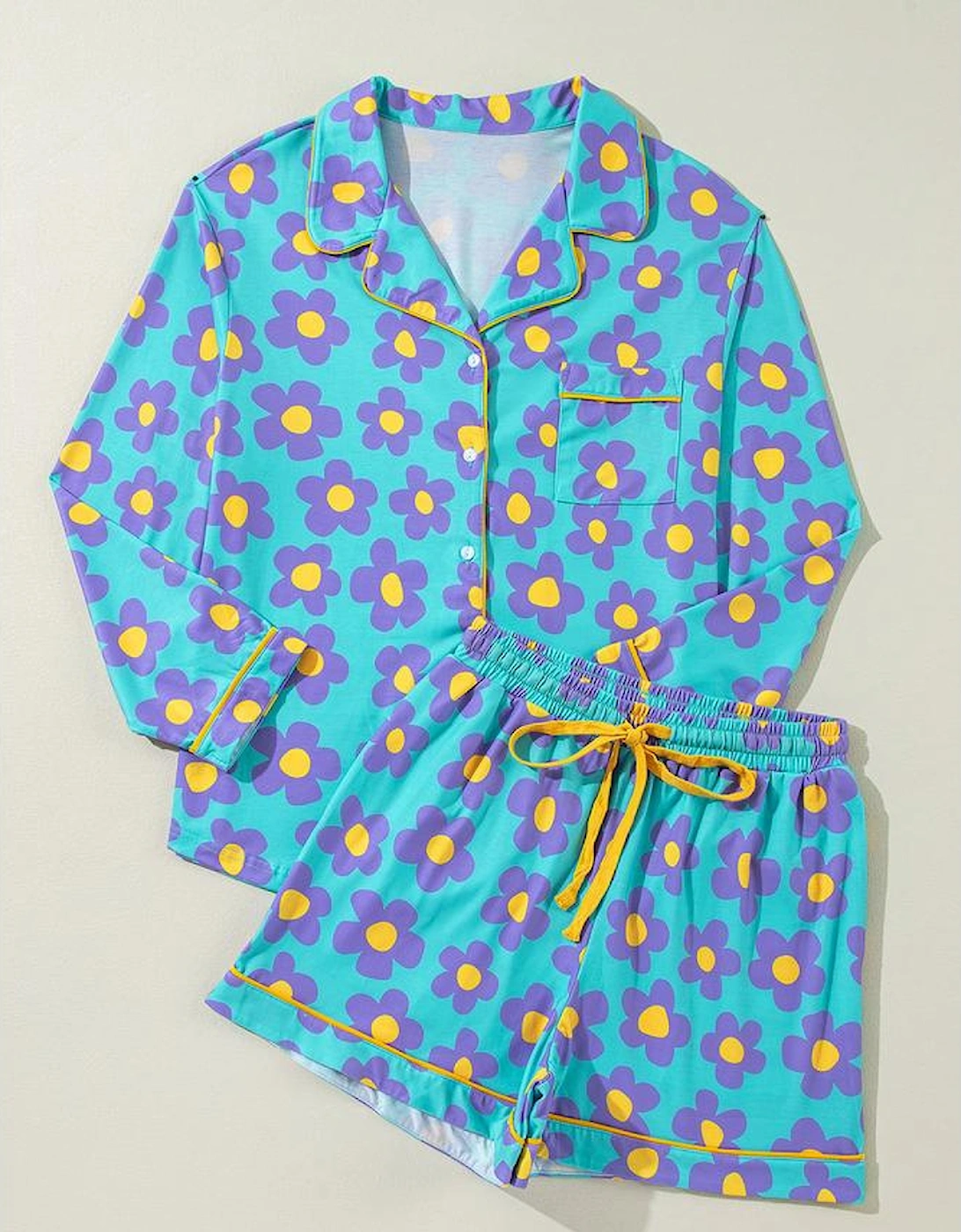 Green Flower Print Long Sleeve Shirt Shorts Pajamas Set, 11 of 10