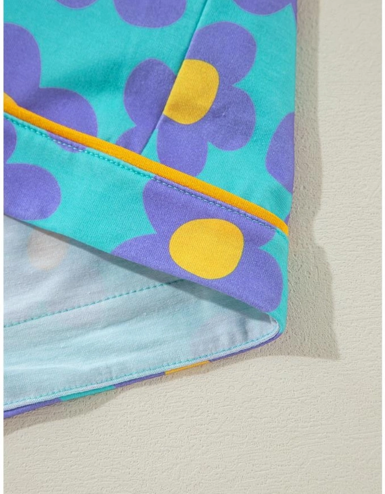 Green Flower Print Long Sleeve Shirt Shorts Pajamas Set