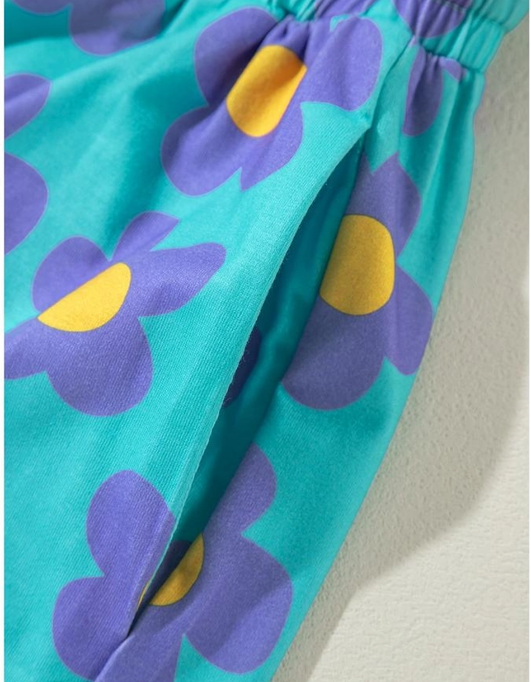 Green Flower Print Long Sleeve Shirt Shorts Pajamas Set