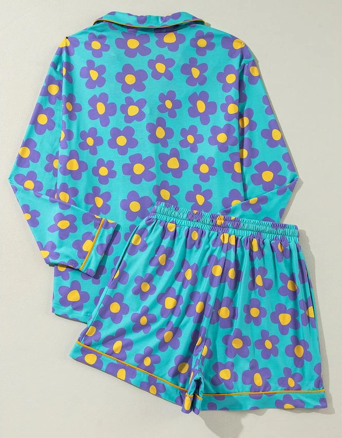 Green Flower Print Long Sleeve Shirt Shorts Pajamas Set