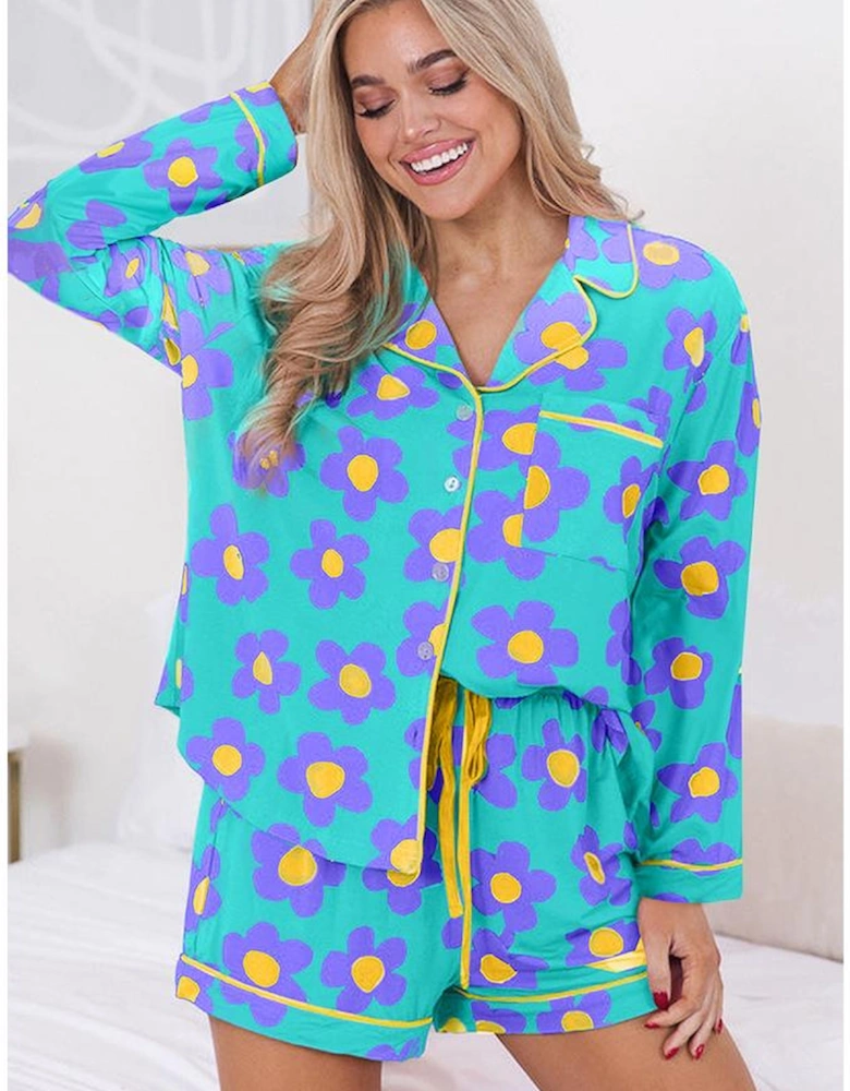 Green Flower Print Long Sleeve Shirt Shorts Pajamas Set