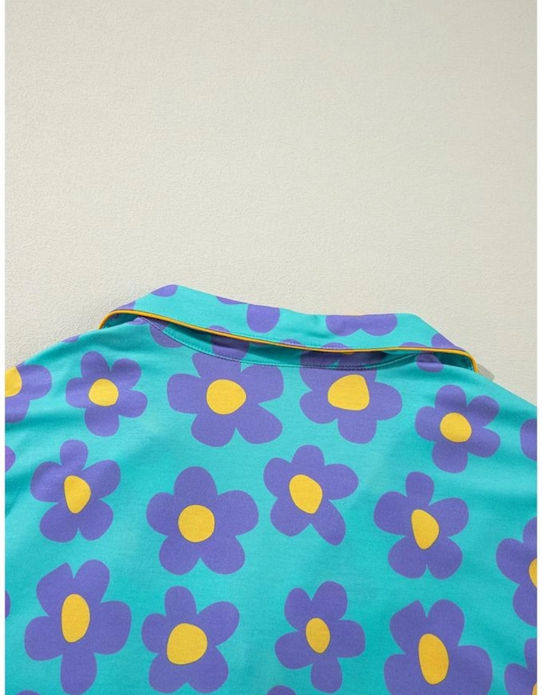 Green Flower Print Long Sleeve Shirt Shorts Pajamas Set