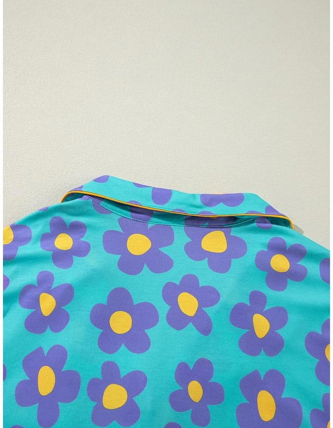 Green Flower Print Long Sleeve Shirt Shorts Pajamas Set