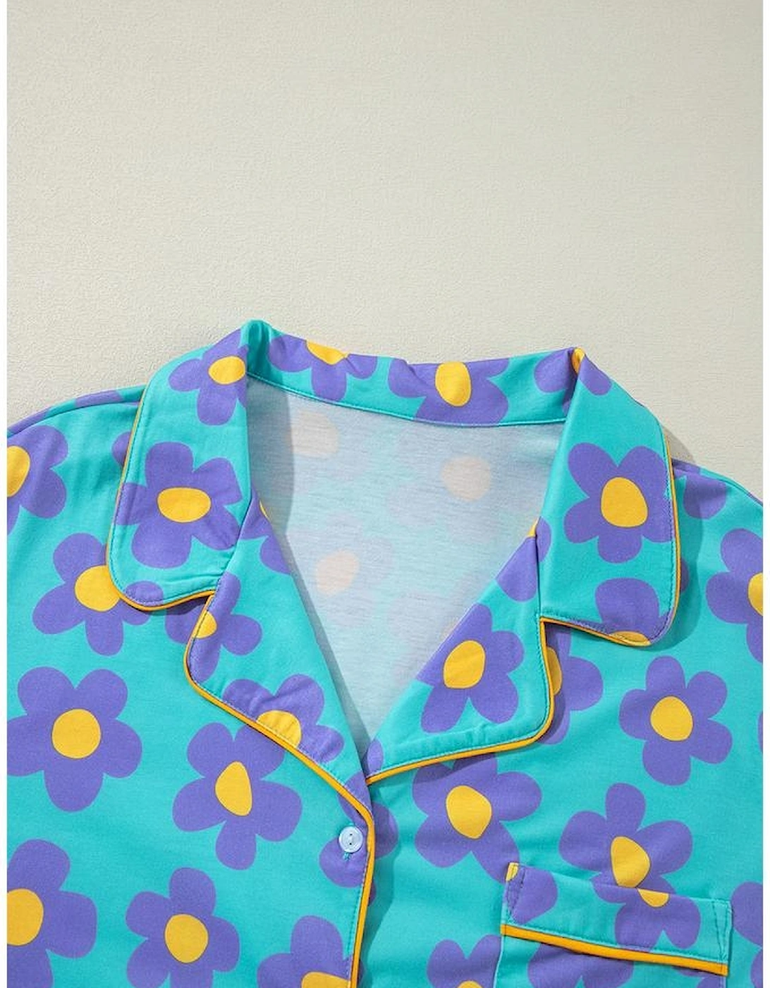 Green Flower Print Long Sleeve Shirt Shorts Pajamas Set