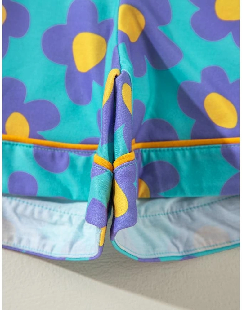 Green Flower Print Long Sleeve Shirt Shorts Pajamas Set