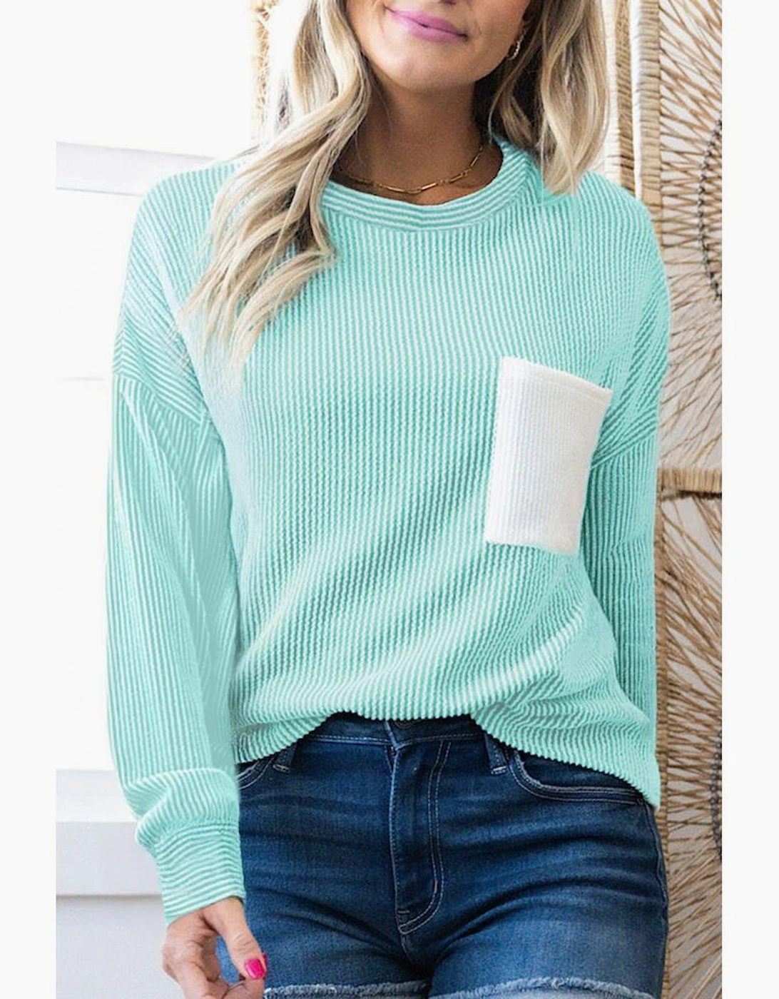Iceland Blue 3D Ribbed Texture Contrast Patched Pocket Long Sleeve Top