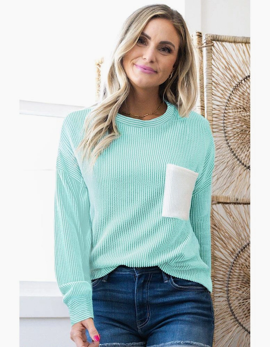 Iceland Blue 3D Ribbed Texture Contrast Patched Pocket Long Sleeve Top