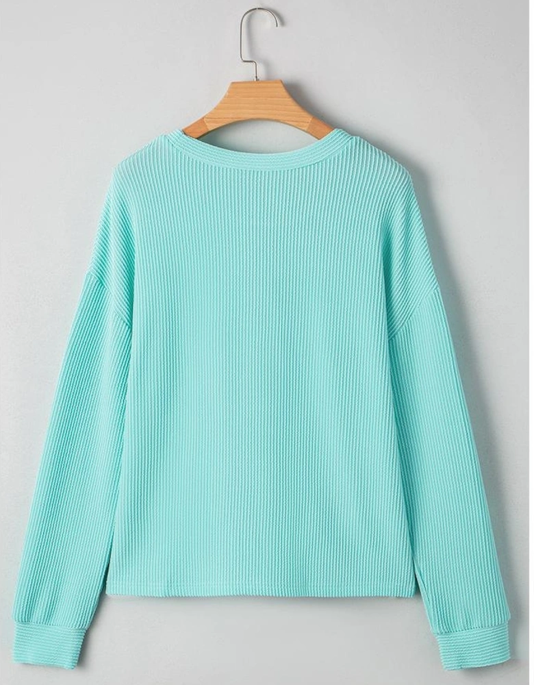Iceland Blue 3D Ribbed Texture Contrast Patched Pocket Long Sleeve Top