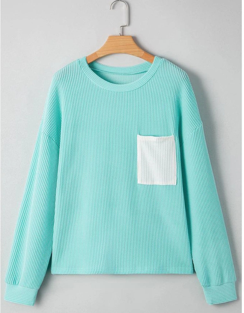 Iceland Blue 3D Ribbed Texture Contrast Patched Pocket Long Sleeve Top