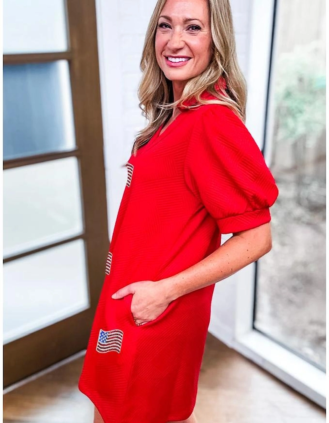Fiery Red Sequin American Flag Patched Polo Collar Textured T Shirt Dress, 7 of 6