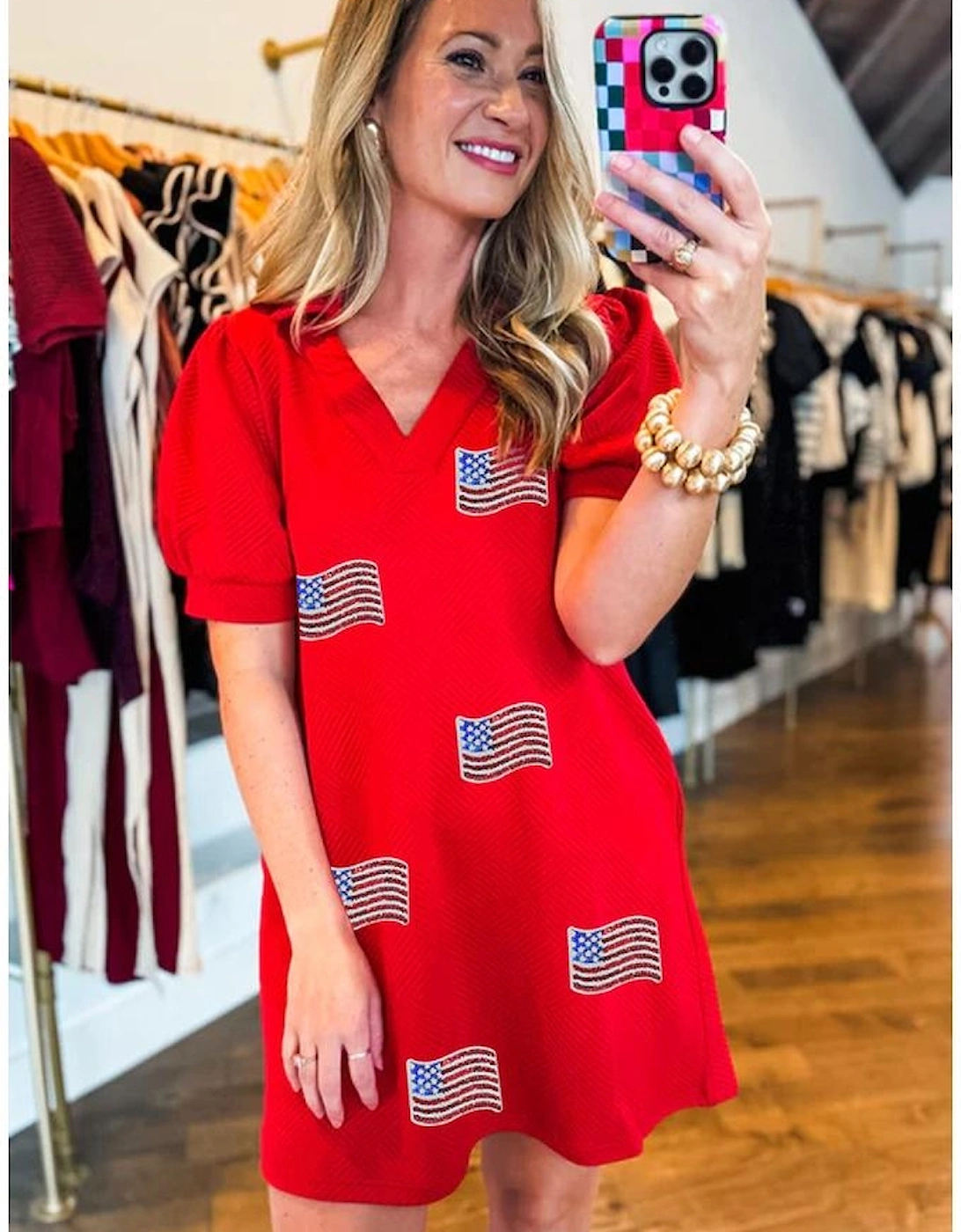 Fiery Red Sequin American Flag Patched Polo Collar Textured T Shirt Dress