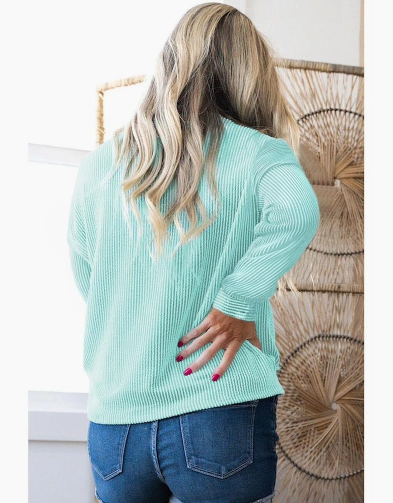 Iceland Blue 3D Ribbed Texture Contrast Patched Pocket Long Sleeve Top