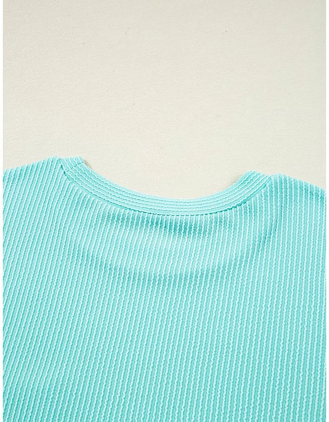 Iceland Blue 3D Ribbed Texture Contrast Patched Pocket Long Sleeve Top