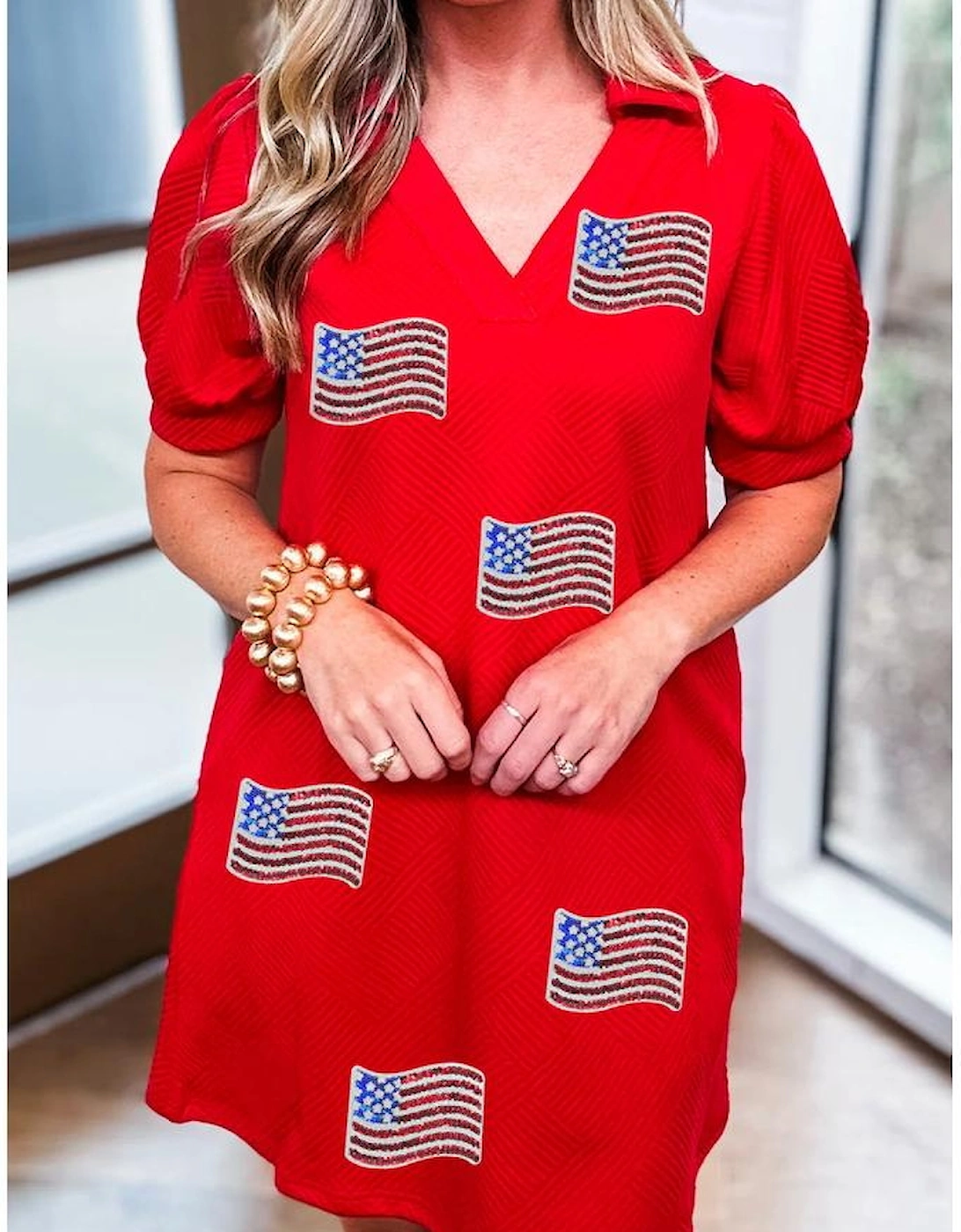 Fiery Red Sequin American Flag Patched Polo Collar Textured T Shirt Dress