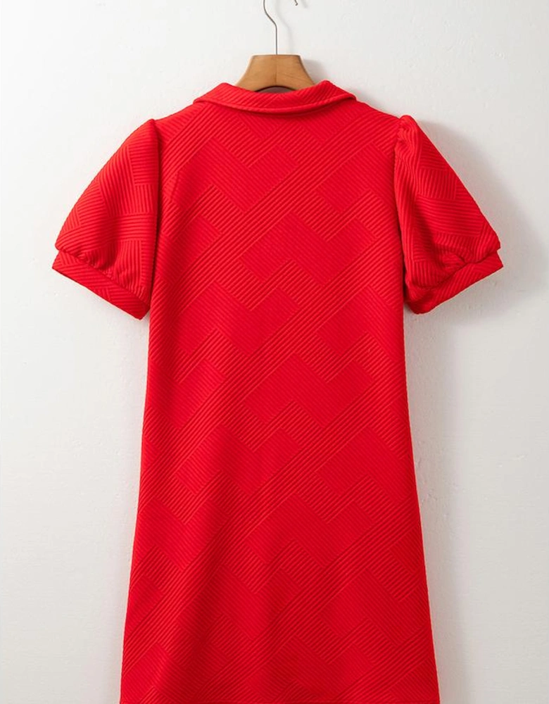 Fiery Red Sequin American Flag Patched Polo Collar Textured T Shirt Dress