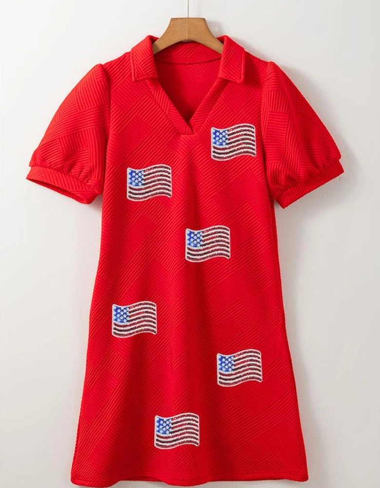 Fiery Red Sequin American Flag Patched Polo Collar Textured T Shirt Dress