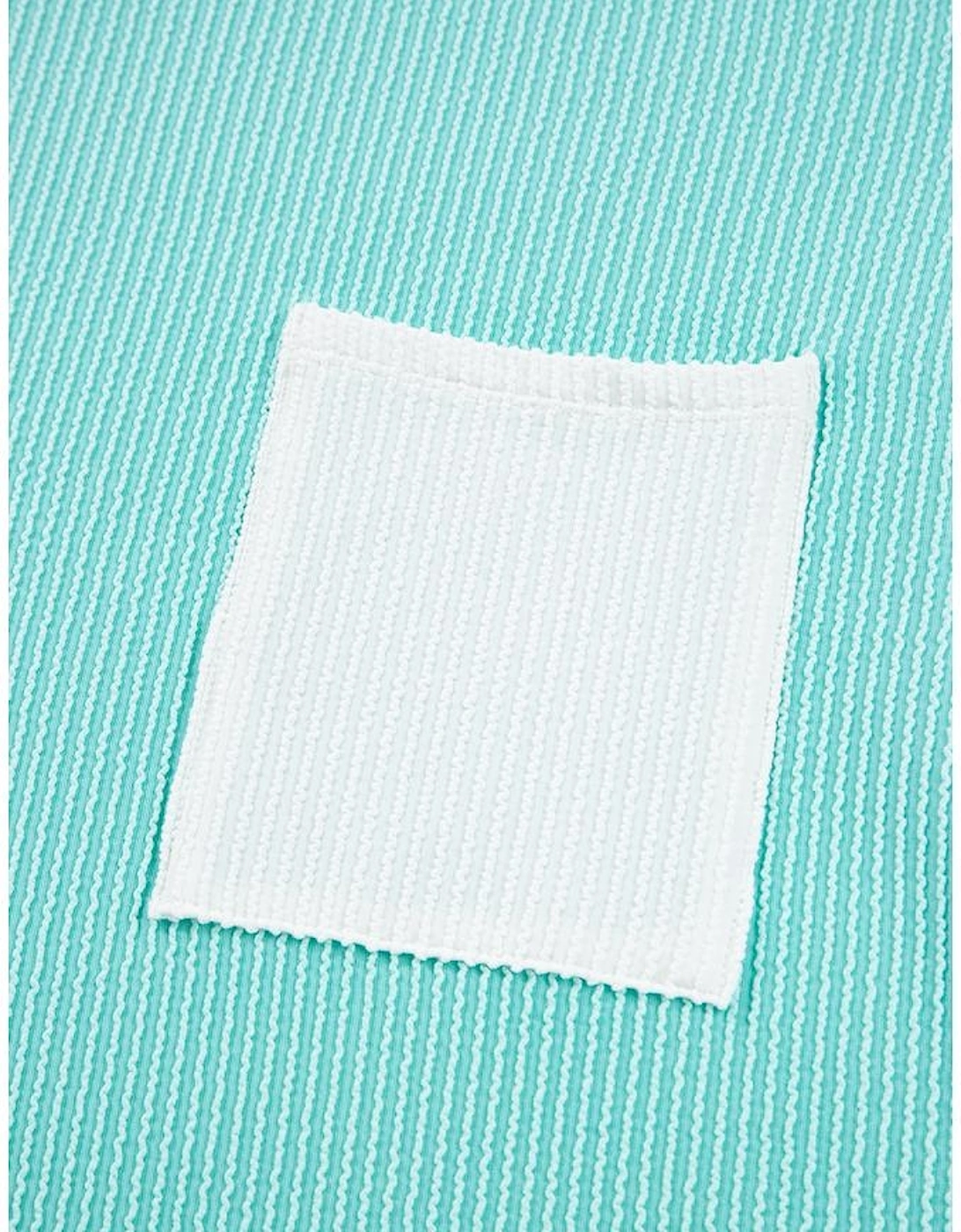 Iceland Blue 3D Ribbed Texture Contrast Patched Pocket Long Sleeve Top