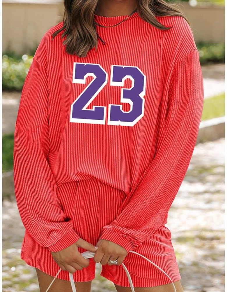 Gold Flame Twisted Rib Texture Number 23 Printed Long Sleeve Short Set