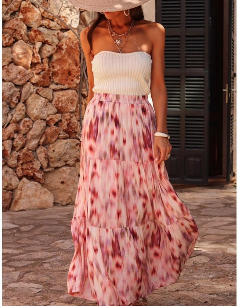 Pink Abstract Watercolor Tie Dye Tiered Maxi Skirt