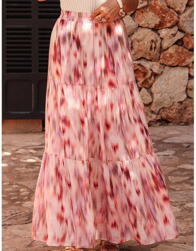 Pink Abstract Watercolor Tie Dye Tiered Maxi Skirt