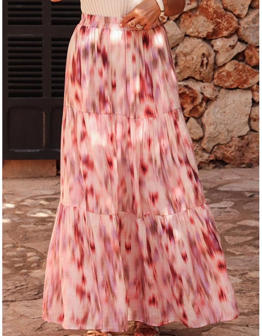 Pink Abstract Watercolor Tie Dye Tiered Maxi Skirt