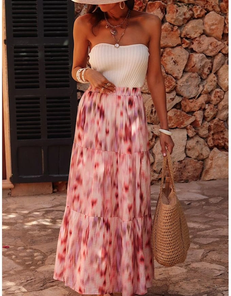 Pink Abstract Watercolor Tie Dye Tiered Maxi Skirt