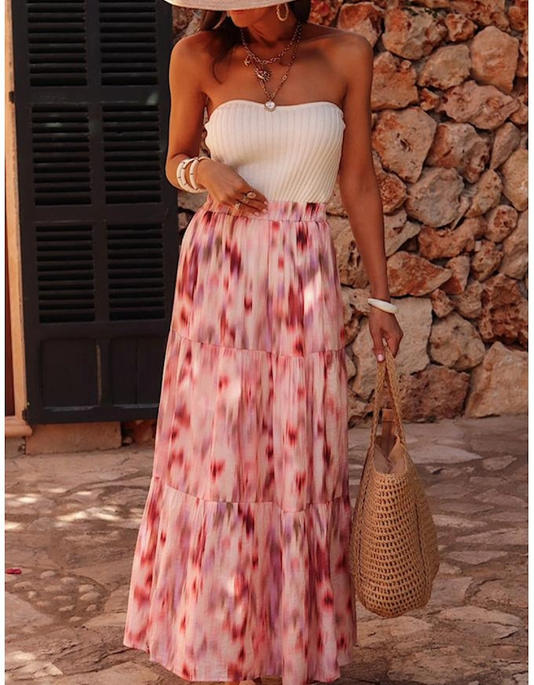 Pink Abstract Watercolor Tie Dye Tiered Maxi Skirt, 12 of 11