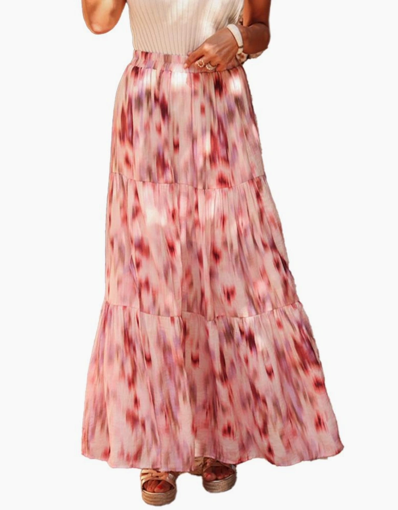 Pink Abstract Watercolor Tie Dye Tiered Maxi Skirt
