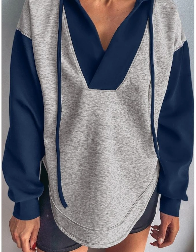 Light Grey Color Block Patchwork V Neck Drawstring Hoodie